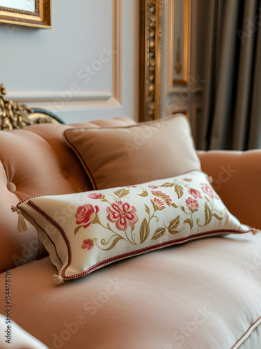 Elegant interior showcasing a decorative bolster pillow with floral embroidery, nestled on a plush sofa, complemented by a matching cushion and ornate gold details.