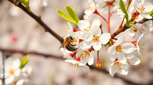 bee pollinates white flowers of cherry on flowering tree in spring, colorful background with image of insects and vegetation