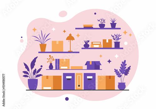 Organized Shelves With Potted Plants and Decorative Boxes Inside Home