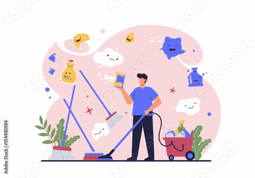 Man Cleaning Home With Cleaning Equipment Vector Illustration