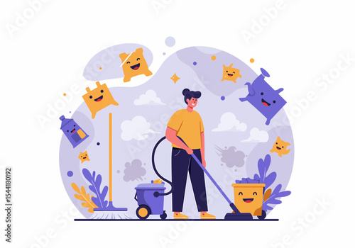 Happy Woman Cleaning Home with Vacuum Cleaner and Cleaning Supplies
