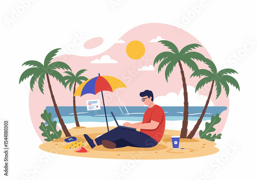 Freelancer Working on a Beach With Laptop in the Tropics