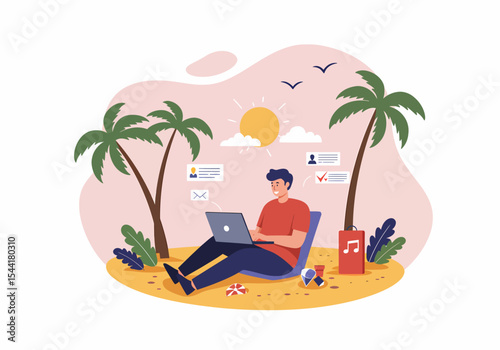Relaxing Work on Beach with Laptop Digital Nomad Lifestyle