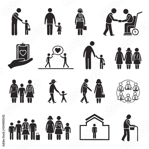 Black and White Vector Icon Set Depicting Various Family and Social Interaction Scenes Including Childcare Elderly Care