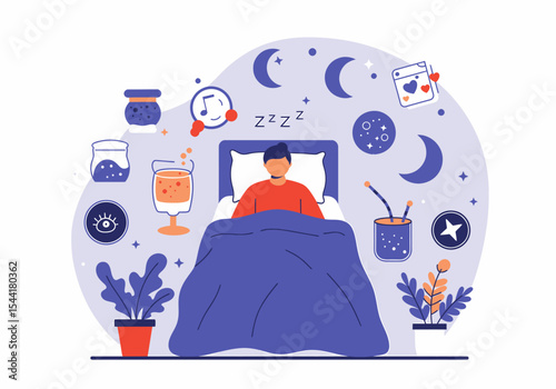 Man Sleeping Bedtime Habits Dreams Sleep Well Routine Vector Illustration