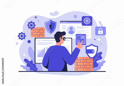 Man Controls Digital Security with Firewall and Data Protection Tools