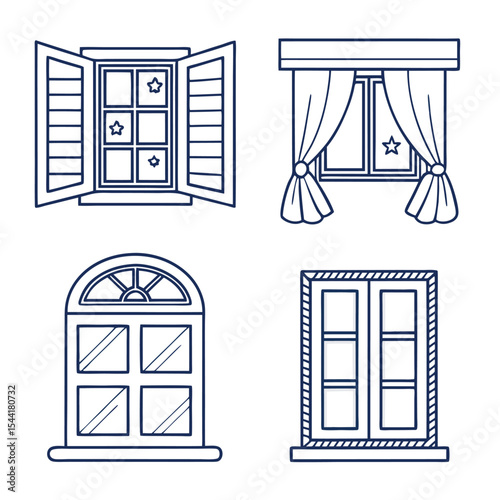 Vector Icon Set Four Window Styles Shutters Curtains Arch Top Pane Details Dark Blue Line Art