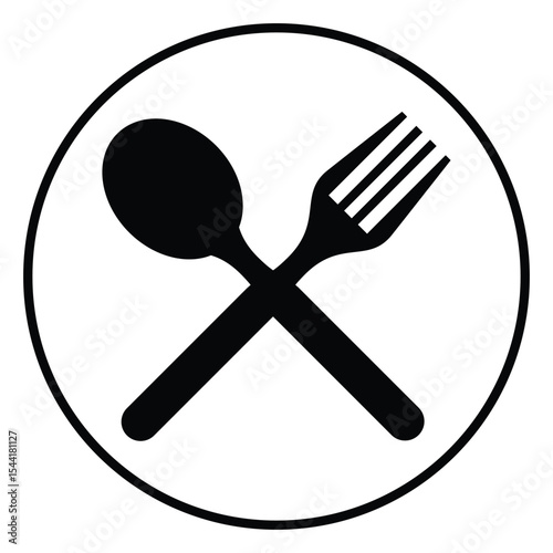 Black Circular Cutlery Icon, Spoon and Fork Symbol Vector.