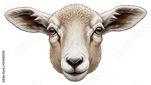 Close up illustration of a sheep's face with large ears on a white background