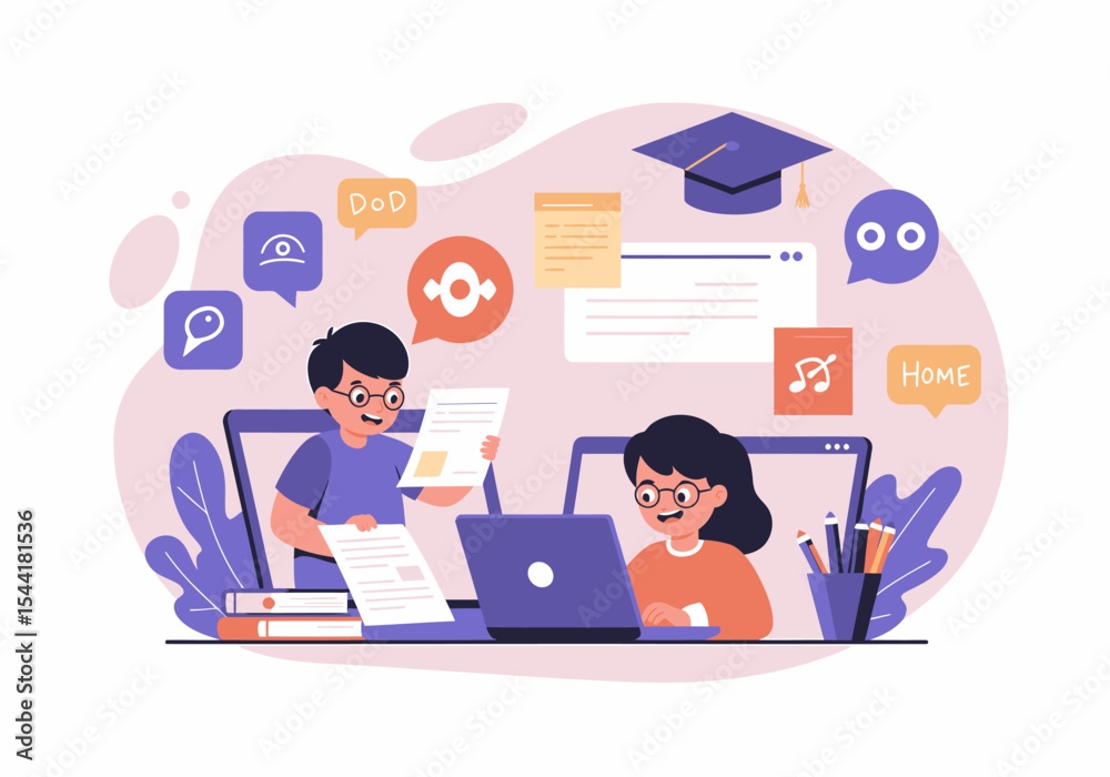 Fototapeta premium Online Education Illustration: Students Learning Together with Graduation Cap