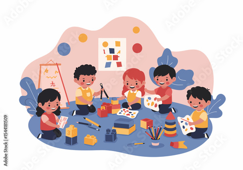 Happy Kids Playing Together Learning Shapes and Colors in Kindergarten