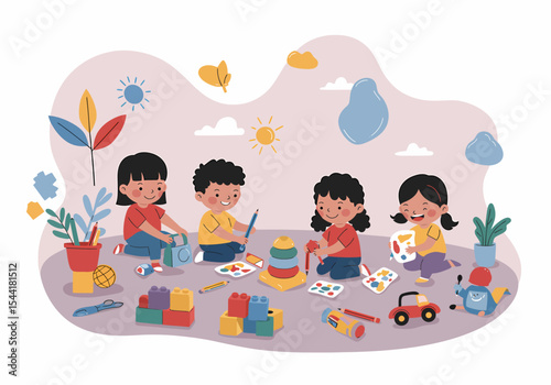 Diverse Group of Children Playing Together at Kindergarten
