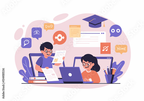 Online Education Illustration: Students Learning Together with Graduation Cap