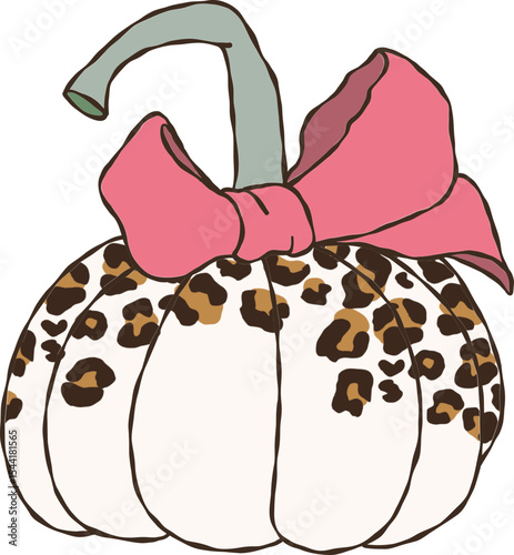 Coquette pumpkins for Halloween, Leopard print Pumpkins decorate with pink bow hand drawn