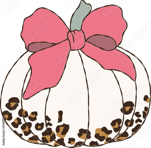 Coquette pumpkins for Halloween, Leopard print Pumpkins decorate with pink bow hand drawn