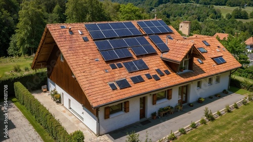 Hausdach mit Solarpaneelen und Schornstein, Nordrhein-Westfalen, Deutschland, Europa