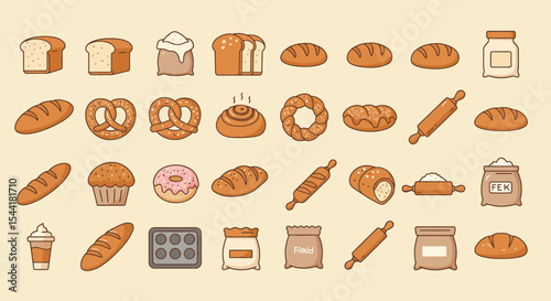 Collection of various types of baked goods and baking ingredients, displayed as simple line art icons.
