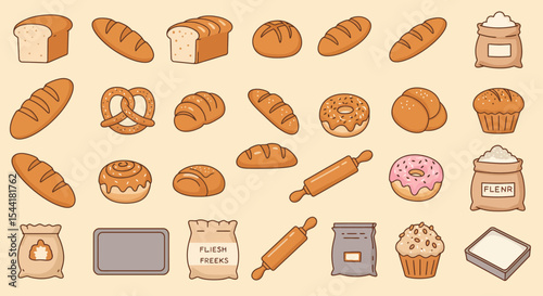 Collection of various baked goods and baking ingredients, including bread, pastries, flour, and tools.