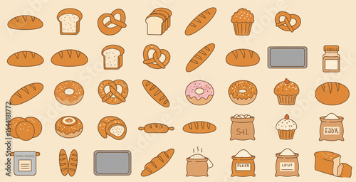 A collection of charmingly illustrated baked goods and baking ingredients.