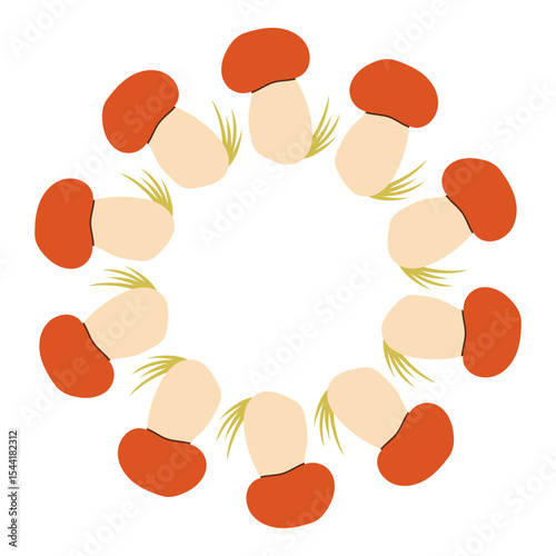 Mushroom circle frame. Round border made of fall mushrooms. The mushrooms have different shapes and are arranged in a circle. Vector flat isolated on white background.