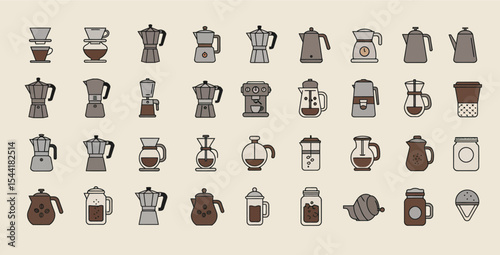 A collection of various coffee brewing methods and equipment depicted in a flat, illustrative style on a neutral background.