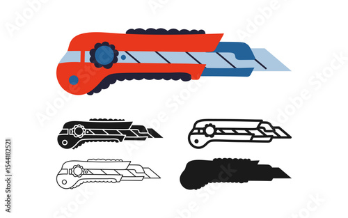 Stationery knife icon set. Box cutter tool knife stylized sign vector. Razor flat professional construction object. Stainless knife simple design element. Knife icon isolated vector illustration