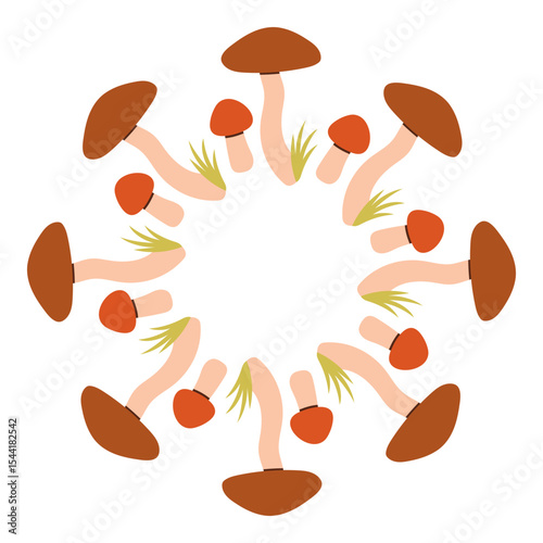 Mushroom circle frame. Round border made of fall mushrooms. The mushrooms have different shapes and are arranged in a circle. Vector flat isolated on white background.