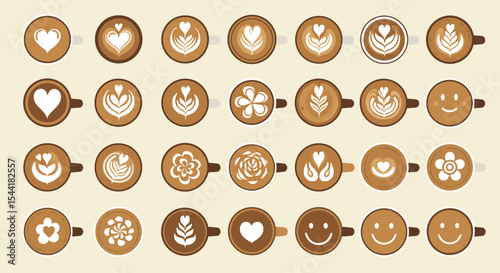 Various latte art designs displayed in a grid format, showcasing different shapes and patterns.