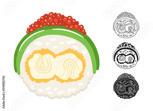 Sushi roll avocado shrimp caviar symbol cartoon set. Traditional Asian Japanese food linear doodle icon. Sushi seafood vector illustration. Doodle design sign for oriental menu, cafe, bar, restaurant