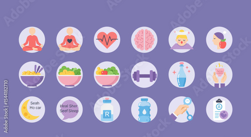 Healthy lifestyle icons:  mindfulness, nutrition, fitness, and wellness practices.