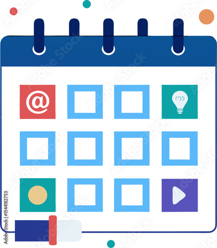 Content calendar template: monthly grid with event icons with white background.