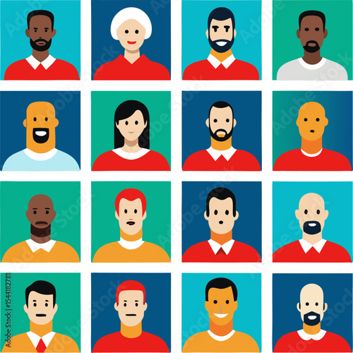 Grid infographic: 16 portrait blocks for team member bios with icons with white background.