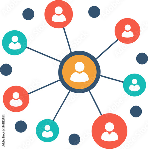 Influencer network map: circles connected by lines, profile icon placeholders with white background.