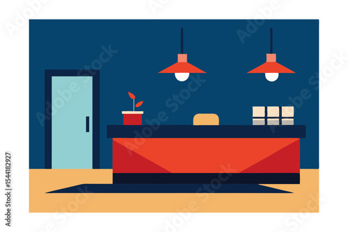 Modern Office Reception Area Design Minimalist Interior with Red Reception Desk