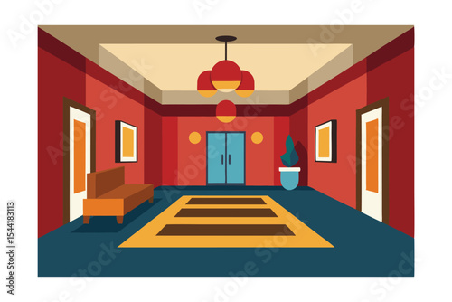 Modern Red Interior Design Elegant Lobby with Stylish Furniture and Lighting