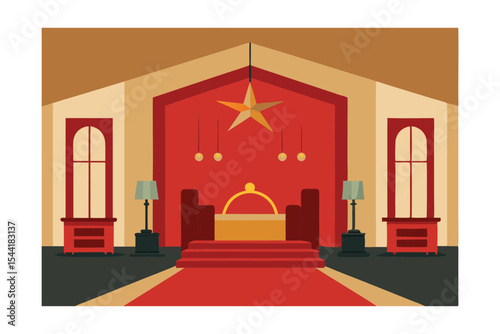 Majestic Christmas Stage Design Festive Red and Gold Decor, Star, and Red Carpet