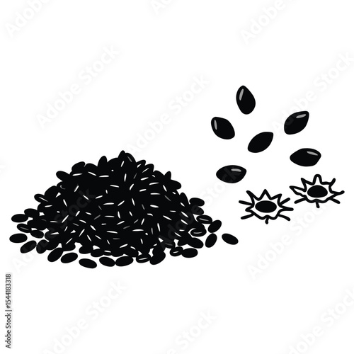 Piles of spices sketch. Black pepper peas, sesame seeds, poppy seeds, caraway seeds. Spices set. Natural seasoning and cooking ingredient