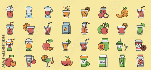 Collection of colorful cartoon icons depicting various fruit juices, smoothies, and blenders on a yellow background.