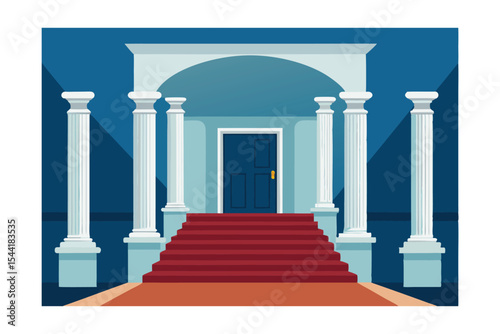 Grand Entrance Majestic Columns, Red Carpet, and Elegant Architecture