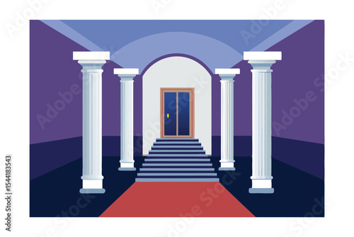 Grand Entrance Majestic Columns, Archway, and Red Carpet