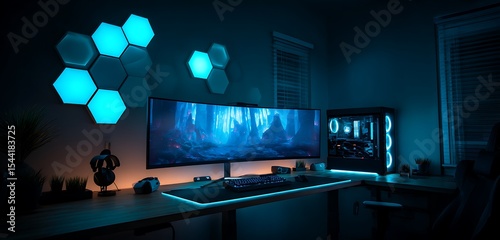 uxury Desk Space: Interior Background with RGB Gaming PC