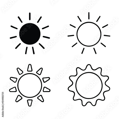 Set of Minimalist Sun Icons – Black and White Sun Symbol Vector Collection for Weather and Design Use