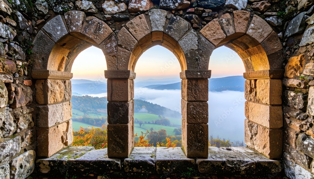 Fototapeta premium Stone Arches Overlook Foggy Hills at Sunrise