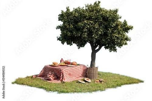 Roadside Picnic Under a Tree Isolated on White Background, Depth of Field