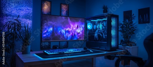uxury Desk Space: Interior Background with RGB Gaming PC