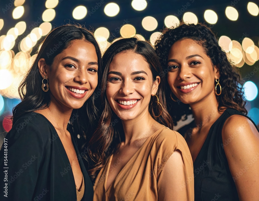 Obraz premium Three smiling women pose together in festive outdoor setting, illuminated by soft, glowing lights. Their joyful expressions and stylish outfits create warm, inviting atmosphere