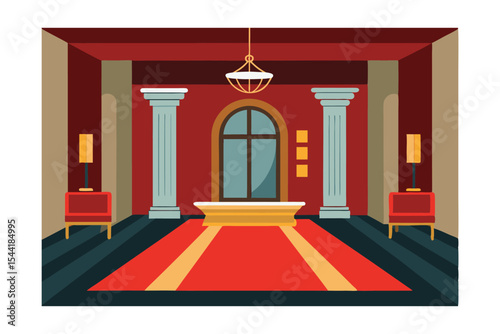 Grand Entrance Majestic Columns, Red Carpet, and Elegant Interior Design