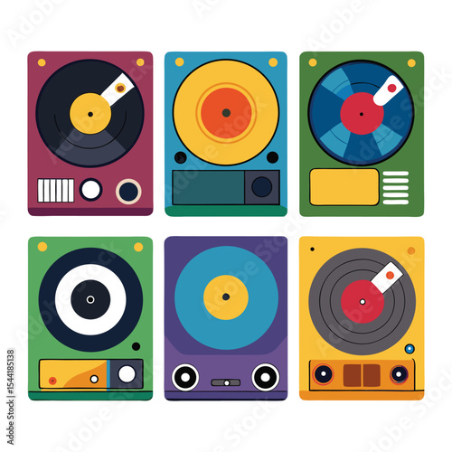 Six record player-set isolated on white background