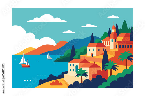 Coastal Town Illustration Mediterranean Seaside Village Scene