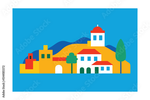 Vibrant Mediterranean Village Hillside Homes and Sunny Skies